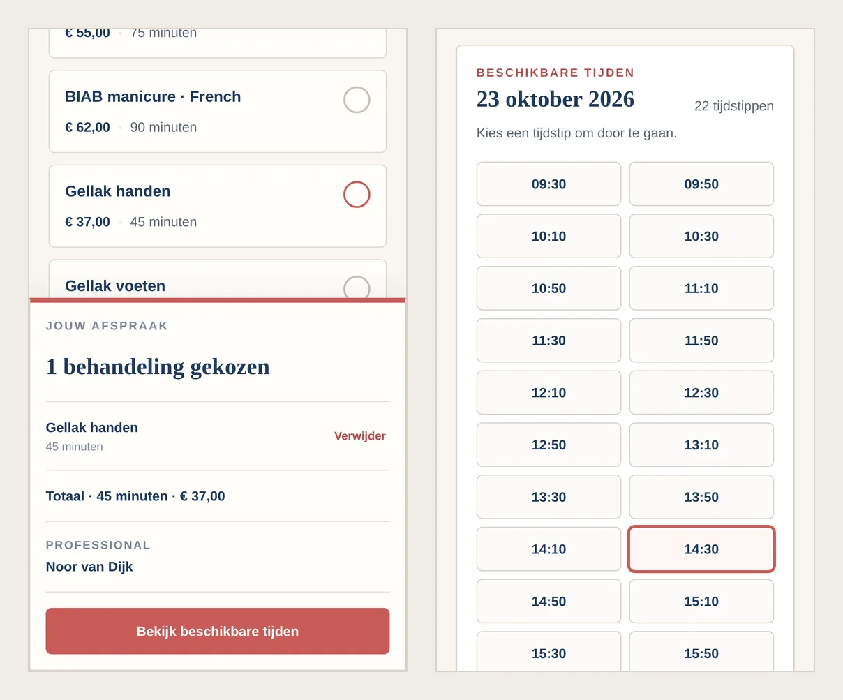 Boekingspagina op een telefoon: links kiest de klant Gellak handen van 45 minuten voor € 37,00 bij Noor van Dijk, rechts kiest ze 14:30 op 23 oktober.