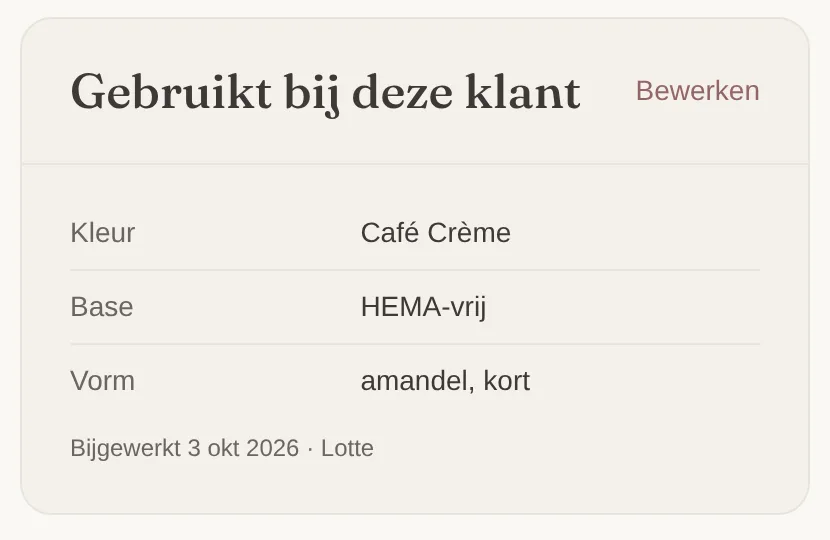 Blok Gebruikt bij deze klant met Kleur: Café Crème, Base: HEMA-vrij en Vorm: amandel, kort, bijgewerkt door Lotte.