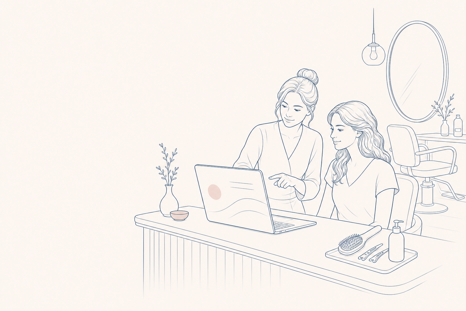 Een salonondernemer krijgt persoonlijke begeleiding bij het instellen van een laptop