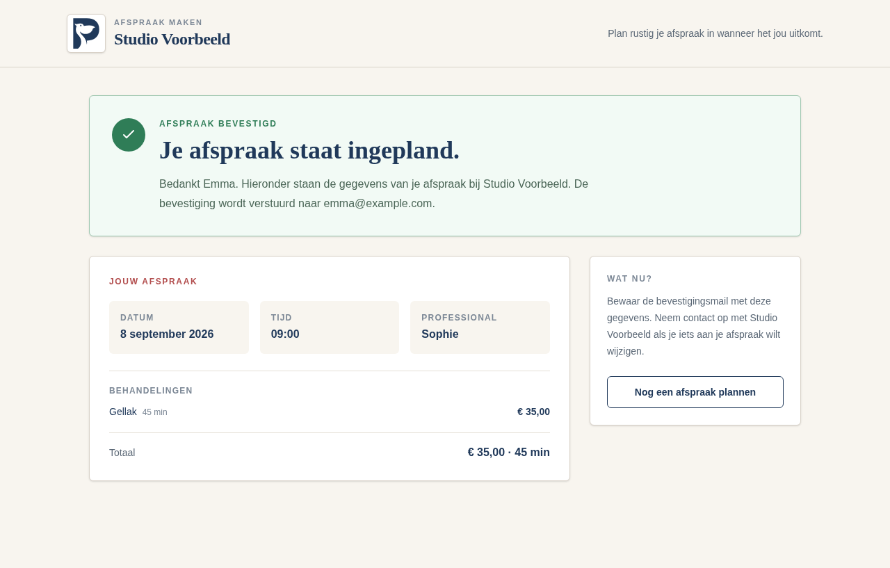 Salon Pelikaan: de afspraak is bevestigd