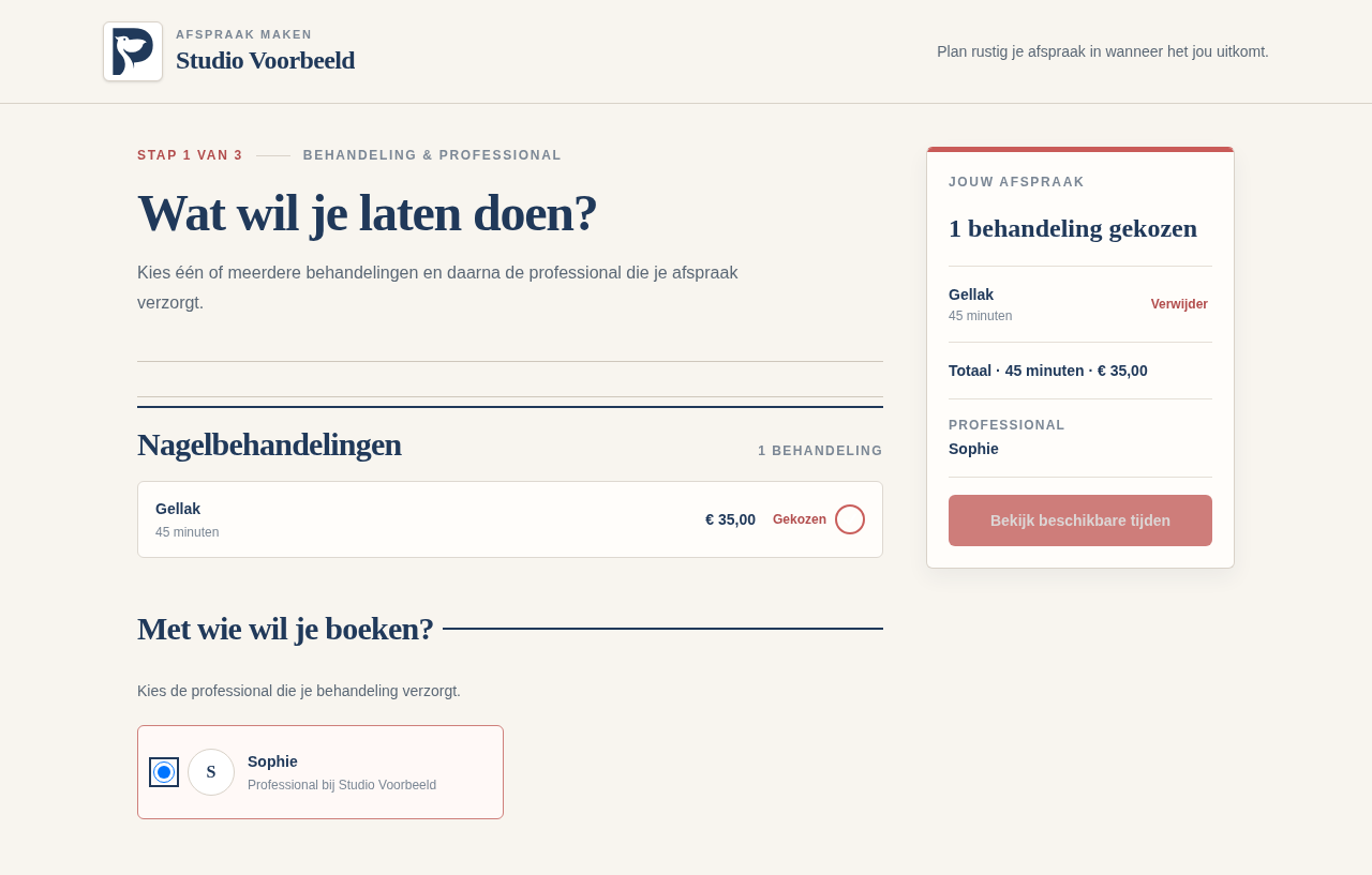 Echte boekingspagina van Salon Pelikaan met Gellak bij Studio Voorbeeld
