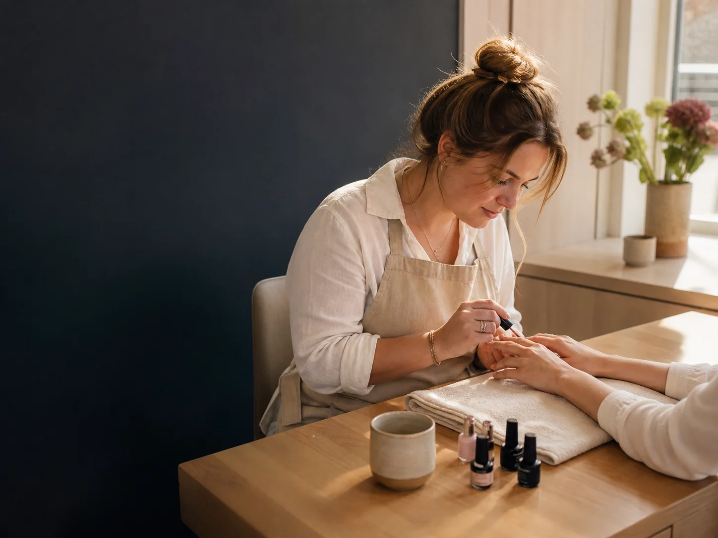 Nagelstylist behandelt een klant in haar eigen studio